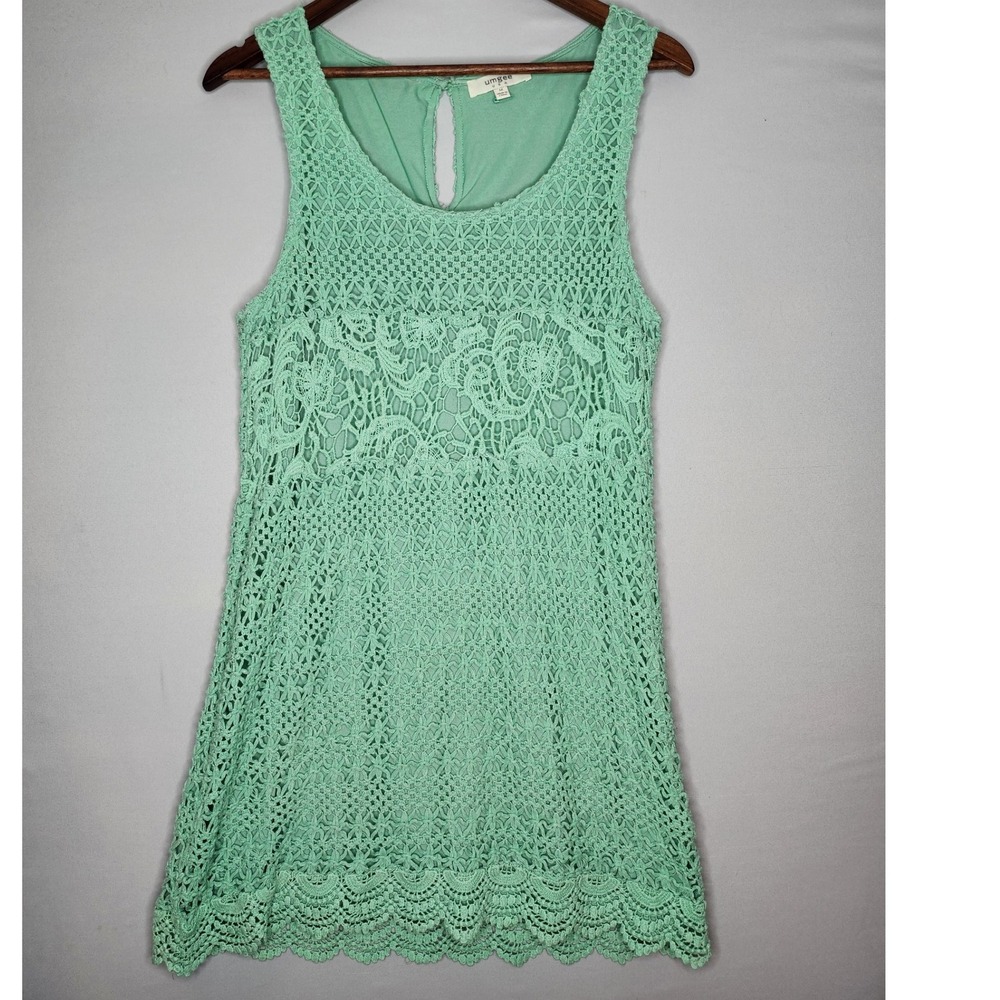 Umgee USA‎ Med Green Cotton blend Crochet Knee Length Sleeveless Dress Lined